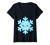 Womens Kawaii Snowflake Winter Holiday Character V-Neck T-Shirt
