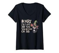 Womens Kawaii Sorry Late My Cat Witch Sitting ON ME Creepy Witches V-Neck T-Shirt