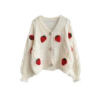 Womens Kawaii Strawberry Knit Cropped Sweater Cute Cardigan Aesthetic for Teen Girls Floral Y2k Korean School Uniform Jacket, Beige, Small