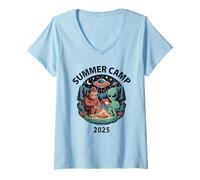 Womens Kawaii Summer Camp 2025 Bigfoot Camping Alien Counselor Crew V-Neck T-Shirt