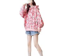 Women's Kawaii Sweatshirt Cute Strawberry Graphic Long Sleeve Hoodie Aesthetic Pullover Tops Cottagecore Clothes, Pink, XXL