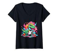 Womens Kawaii T-Rex Colorful Dinosaur Art Creative Design V-Neck T-Shirt