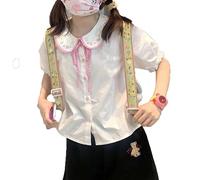 Women's Kawaii T-Shirt Lolita Doll Collar Embroidery Flower Print White Blouse Japanese Cute Sweet Shirts Y2K Tops, White, M