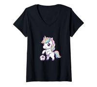 Women's Kawaii Unicorn Playing Soccer Rainbow Magic V-Neck T-Shirt