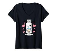 Women's Kawaii USB Flash Drive Drinking Bubble Tea V-Neck T-Shirt