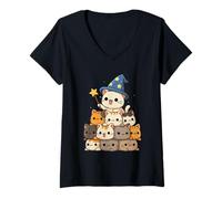 Womens Kawaii Wizard Cat Pile Magical Cute Cats V-Neck T-Shirt