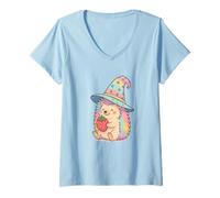 Womens Kawaii Wizard Hedgehog in Cute Pastel Witch Hat Design V-Neck T-Shirt