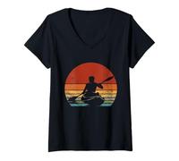 Women's Kayak Sunset Silhouette Vintage Paddler Lake Graphic V-Neck T-Shirt