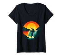 Womens Kayak Waterfall Sunset Drop V-Neck T-Shirt