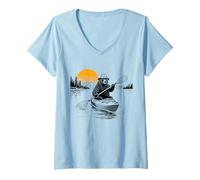 Women's Kayaking Bear Retro Sunset Paddling Canoe Outdoor Adventure V-Neck T-Shirt