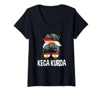 Womens Keca Kurda Kurdish Girl Messy Hair Bun Kurdistan Woman Pride V-Neck T-Shirt
