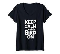 Women's Keep Calm and Bird On Funny Bird Watching Birding V-Neck T-Shirt