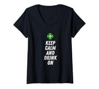 Women's Keep Calm and Drink On Funny St Patrick's Day Shamrock Irish V-Neck T-Shirt
