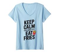 Womens Keep Calm and Eat Fries Funny Foodie Humor V-Neck T-Shirt