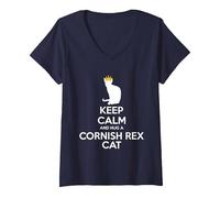 Women's Keep Calm and Hug A Cat - Cornish Rex Cat Mom Dad V-Neck T-Shirt, Navy Blue, Small