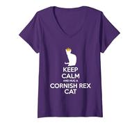 Women's Keep Calm and Hug A Cat - Cornish Rex Cat Mom Dad V-Neck T-Shirt, Purple, XX-Large