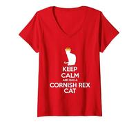 Women's Keep Calm and Hug A Cat - Cornish Rex Cat Mom Dad V-Neck T-Shirt, Red, XX-Large