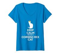 Women's Keep Calm and Hug A Cat - Cornish Rex Cat Mom Dad V-Neck T-Shirt, Sapphire Blue, XX-Large