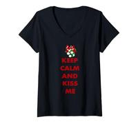 Womens Keep Calm and Kiss Me Novelty Christmas V-Neck T-Shirt