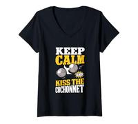 Womens Keep Calm and Kiss The Cochonnet Funny Petanque V-Neck T-Shirt
