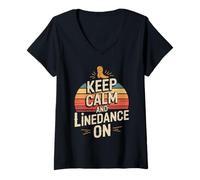 Womens Keep Calm and Line Dance On Retro Sunset V-Neck T-Shirt