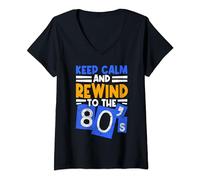 Womens Keep Calm and Rewind to the 80s Retro Nostalgia V-Neck T-Shirt