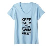 Womens Keep Calm and Swim Fast V-Neck T-Shirt