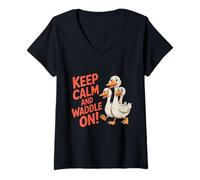 Women's Keep Calm and Waddle On! Funny Duckling Sarcastic Saying V-Neck T-Shirt