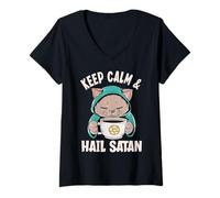 Womens Keep Calm & Hail Satan Funny Coffee Lover Occult Cat V-Neck T-Shirt