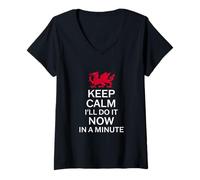 Womens Keep Calm I'll Do It Now in A Minute - Welsh Pride V-Neck T-Shirt