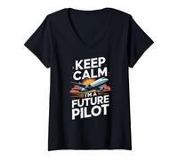 Womens Keep Calm I'm A Future Pilot Aviation Airplane V-Neck T-Shirt