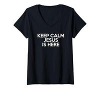 Women's Keep Calm Jesus is Here Confident Christian Believer V-Neck T-Shirt