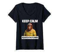Womens Keep Calm Squatch The Flames Bigfoot Firefighter Sasquatch V-Neck T-Shirt