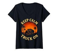 Women's Keep Calm Truck On Retro Semi Truck Driver Sunset V-Neck T-Shirt