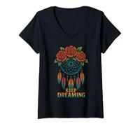 Womens Keep Dreaming Dreamcatcher Roses Feathers V-Neck T-Shirt