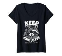 Women's Keep Emo Alive Raccoon Illustration V-Neck T-Shirt