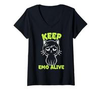 Women's Keep Emo Alive Sad Cat Graphic for Goth Gamers V-Neck T-Shirt