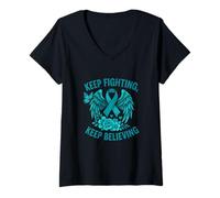 Women's Keep Fighting Keep Believing Awareness V-Neck T-Shirt