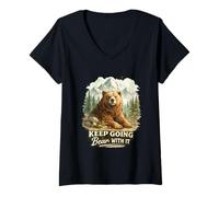 Women's Keep Going Bear with It Funny Mountain Animal Graphic V-Neck T-Shirt