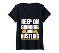 Womens Keep Grinding and Hustling Motivational Quote V-Neck T-Shirt