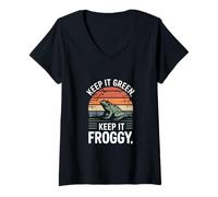 Womens Keep It Green Keep It Froggy Retro Sunset Frog V-Neck T-Shirt
