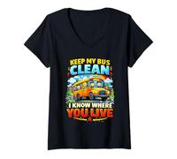 Women's Keep My Bus Clean I Know Where You Live Funny School Bus V-Neck T-Shirt