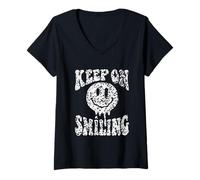 Womens Keep On Smiling Melting Face Grunge Trippy V-Neck T-Shirt