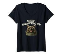 Womens Keep Showing Up Funny Raccoon Growth Mindset Progress V-Neck T-Shirt