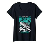 Womens Keep The Oceans Plastic Free Ocean Sea Plastic Pollution V-Neck T-Shirt