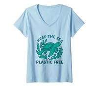 Women's Keep The Sea Plastic Free Sea Turtle Eco Earth Day V-Neck T-Shirt