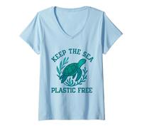 Women's Keep The Sea Plastic Free Sea Turtle Eco Ocean Earth Day V-Neck T-Shirt