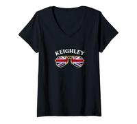 Womens Keighley United Kingdom Vintage Flag Sunglasses V-Neck T-Shirt