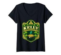 Women's Kelly Irish Crest Design, Celtic Shamrock Ireland Badge V-Neck T-Shirt