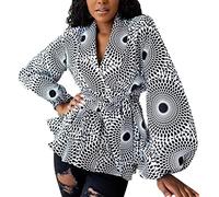Women's Kente Print Open Front Jacket Long Sleeve Dashiki African Shirt Ankara Tops